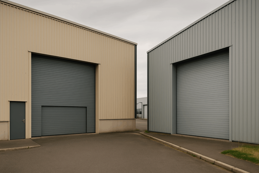 Imagen de dos naves industriales modernas en un polígono industrial, representando el tipo de inmuebles que se pueden evaluar al comprar naves industriales conforme a la normativa vigente.