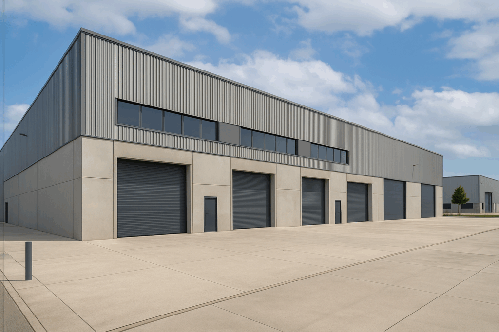 Vista exterior de una nave industrial moderna en un polígono de Valencia, ideal para ilustrar servicios de gestión y búsqueda de naves industriales en la provincia.