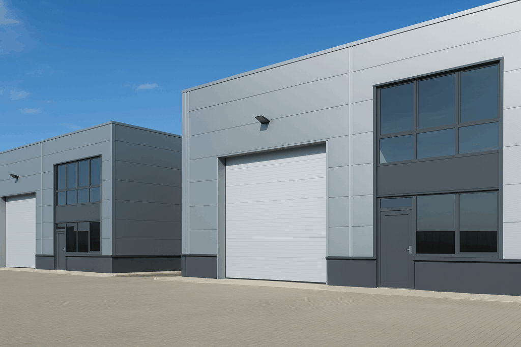 Fachada de una nave industrial moderna en un polígono de Valencia, ideal para ilustrar una guía sobre comprar naves industriales en la provincia.